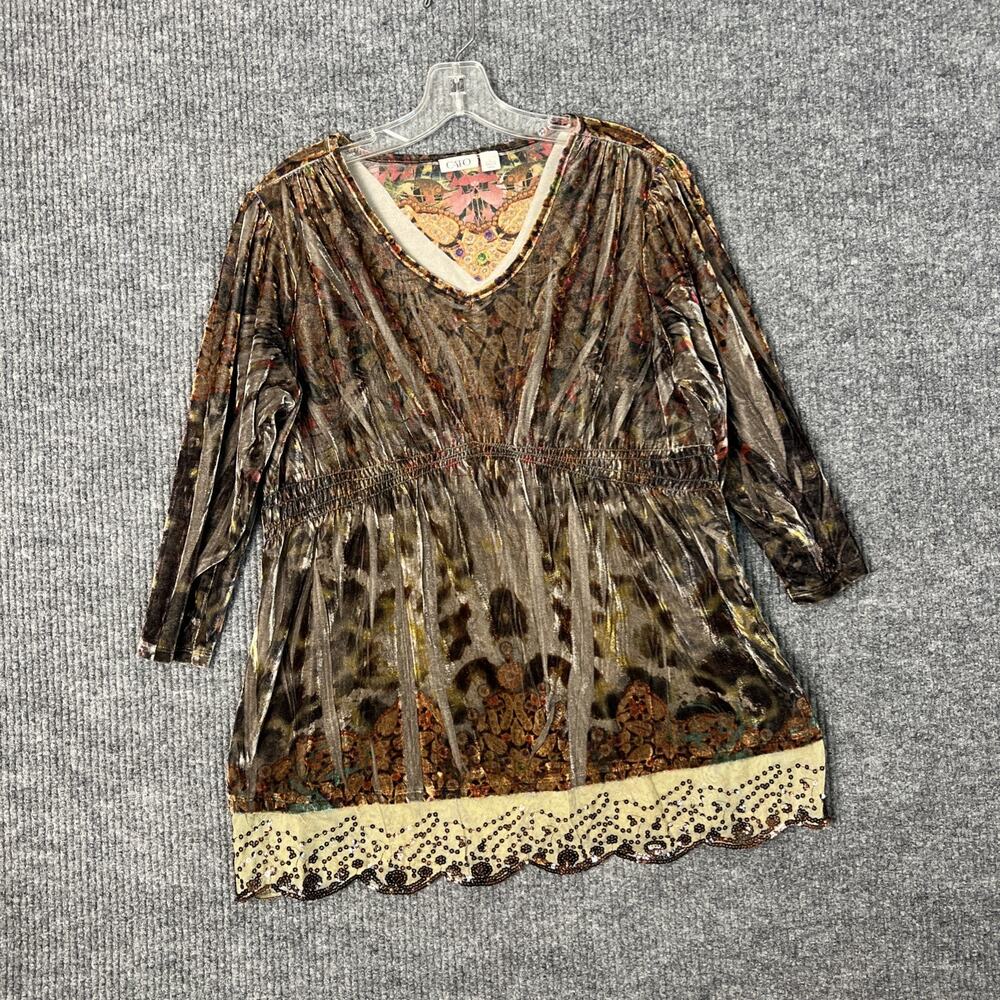 Cato Brown Velvet V-Neck Blouse with Cream Hem
